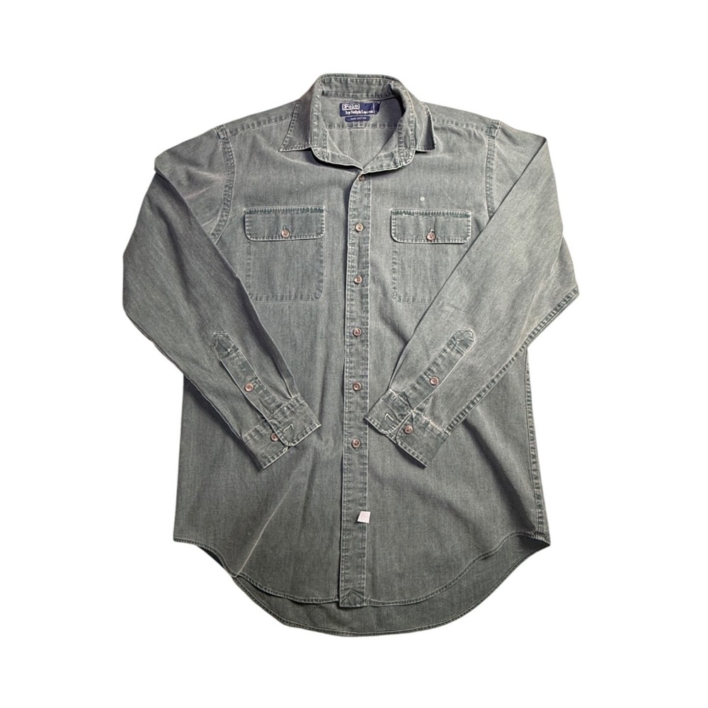 Polo Ralph Lauren Mens Medium Faded Green Cotton Button Down Work Shirt L/S-2436